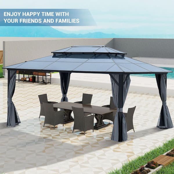 12 ft. x 16 ft. Outdoor Hardtop Gazebo Double Roof Canopy with Netting and Curtains, Aluminum Frame Polycarbonate Roof