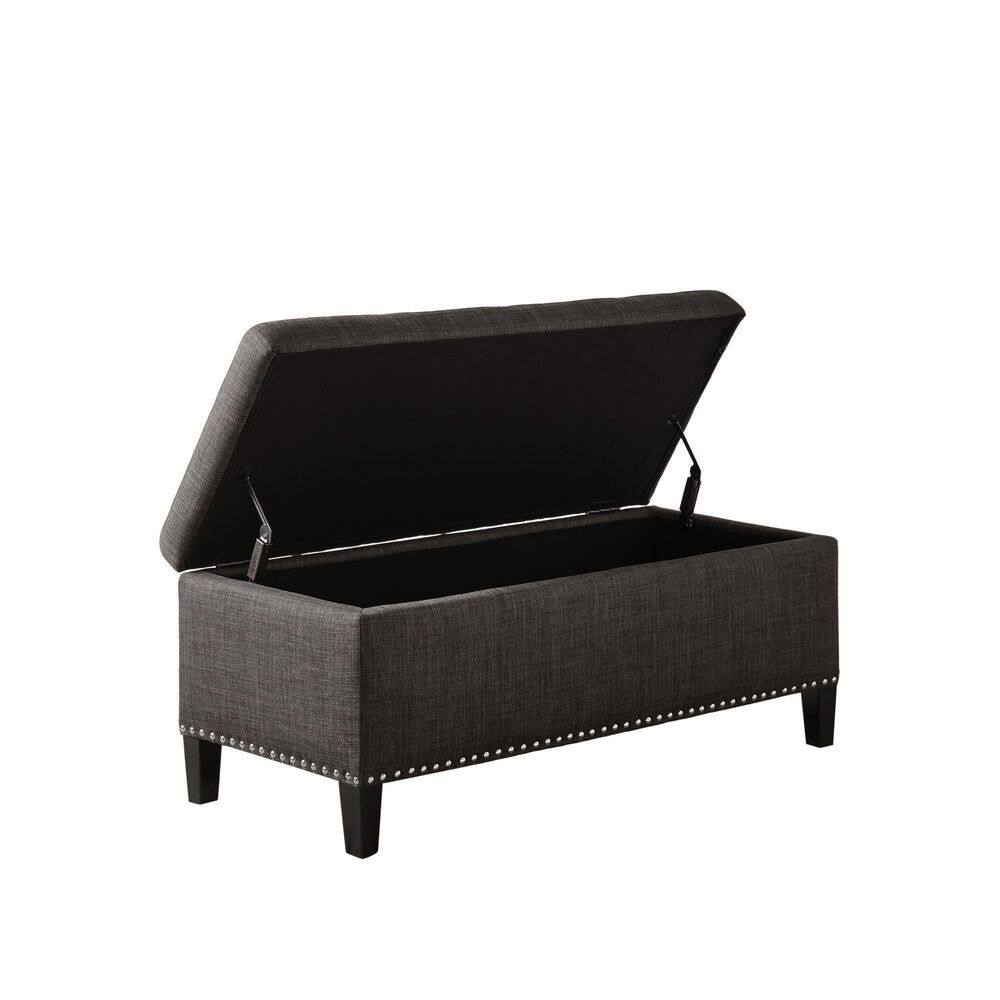 Charcoal Tufted Top Storage Ottoman with Nailhead Trim