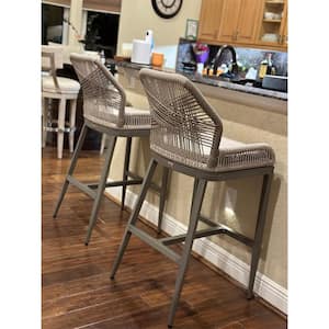 Modern Aluminum Twill Wicker Woven Bar Height Outdoor Bar Stool with Back and Light Gray Cushion (2-Pack)