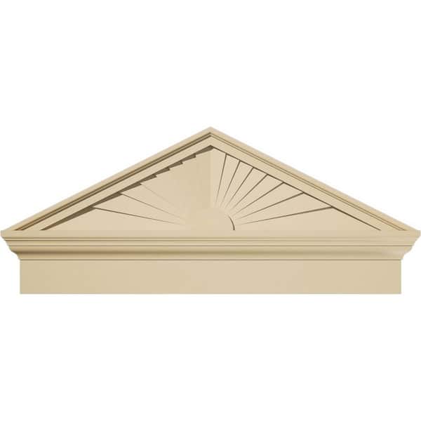 Ekena Millwork 36 in. W x 15-7/8 in. H x 2-3/4 in. P Pitch 6/12 Peaked Cap Sunburst Signature Urethane Combination Pediment, Primed Tan