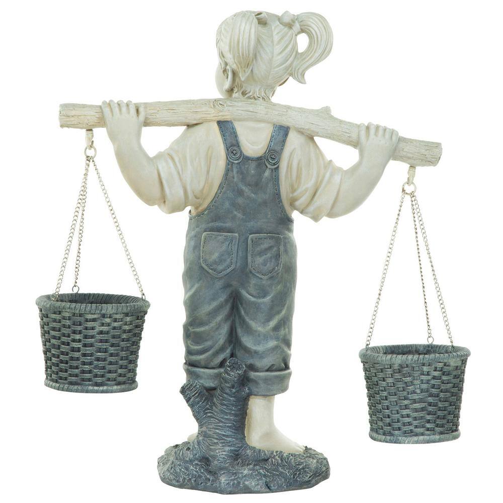 Large Off-White Resin Little Girl Garden Statue with Faux Woven Baskets
