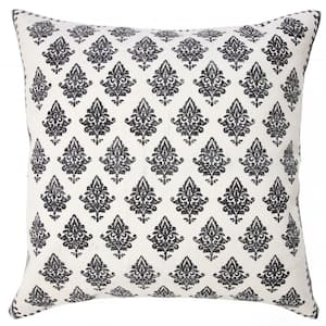 Traditional Black / White 20 in. x 20 in. Fairytale Motif Bordered Throw Pillow