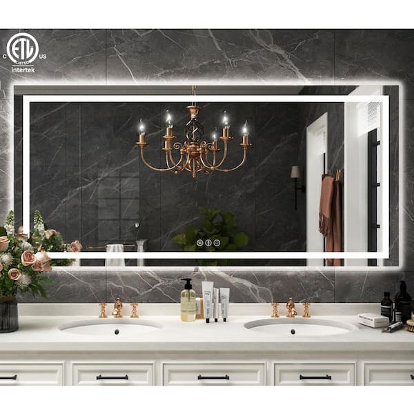 Klajowp 60 in. W x 28 in. H Rectangular Tempered Glass Frameless Anti-Fog Dimmable Wall Mounted Bathroom Vanity Mirror