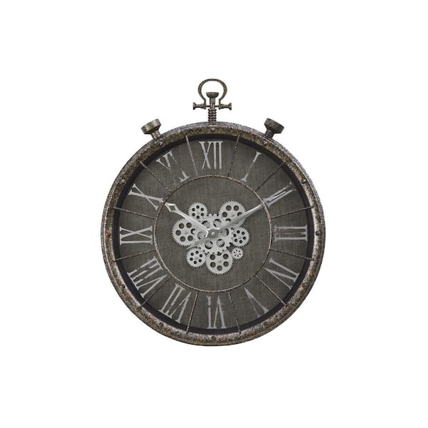 Unbranded Grey 24 in. x 28 in. Decorative Wall Clock with Moving Gear Mechanism-Transitional Sophistication