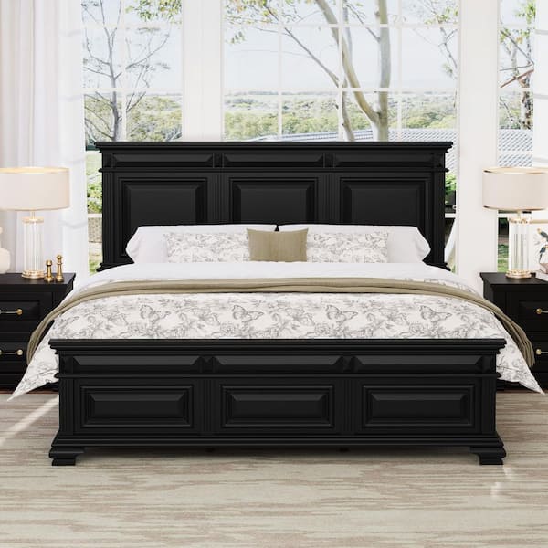 Abner Black Solid Wood Frame King size Platform Bed with Slat, Tall Headboard, and Footboard