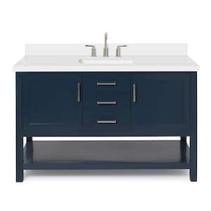 Bayhill 55 in. W x 22 in. D x 36 in. H Bath Vanity in Midnight Blue with Pure Pure White Quartz Top