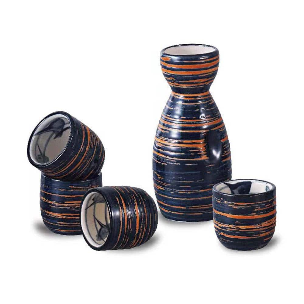 Tayama 6 oz. Blue Sake Set 1 Tokkuri Bottle and 4 Ochoko Cups