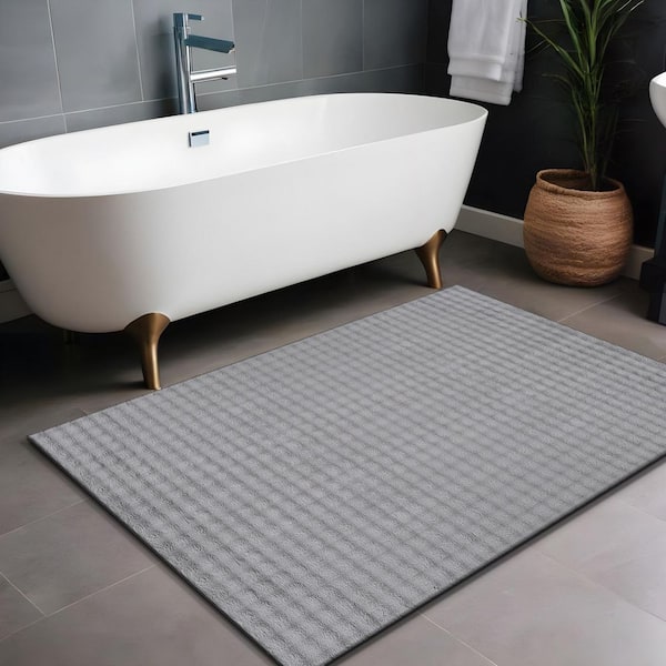 Aurora 2 ft. x 3 ft.  Grey Non-Slip Rubber Back Washable Polyester Checker Indoor Bath Rug