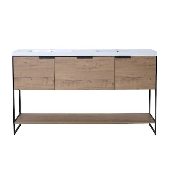 FORCLOVER 59-1/8 in. W x 18-1/4 in. D x 34-1/4 in. H Bath Vanity in Imitative Oak with White Resin Top
