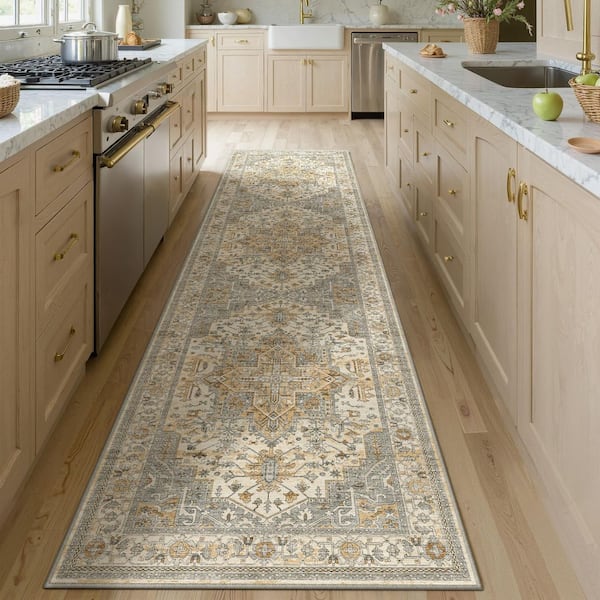 Imam Brown 2 ft. x 8 ft. Vintage Washable Medallion Distressed Runner Rug