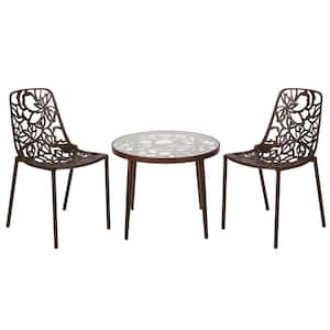 Devon 3-Piece Aluminum Outdoor Dining Set with Round Table with Glass Top and 2 Stackable Chairs in Brown