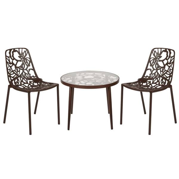 Leisuremod Devon 3-Piece Aluminum Outdoor Dining Set with Round Table with Glass Top and 2 Stackable Chairs in Brown