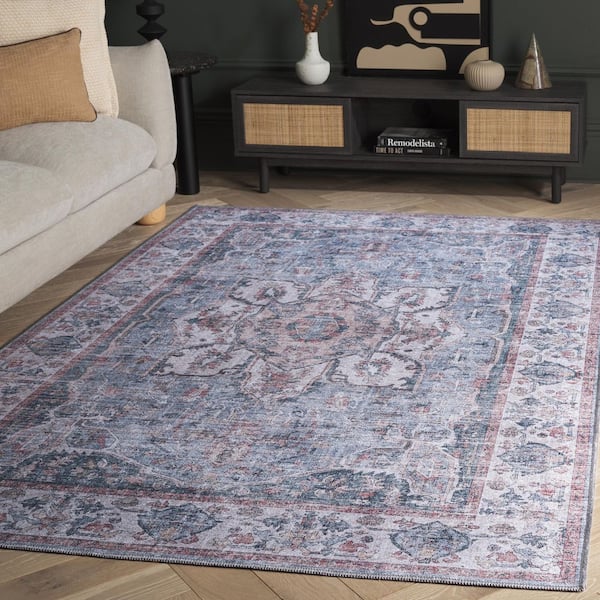 Vintage Heriz Blue/Beige 5 ft. x 8 ft. Machine Washable Distressed Ornate Medallion Area Rug