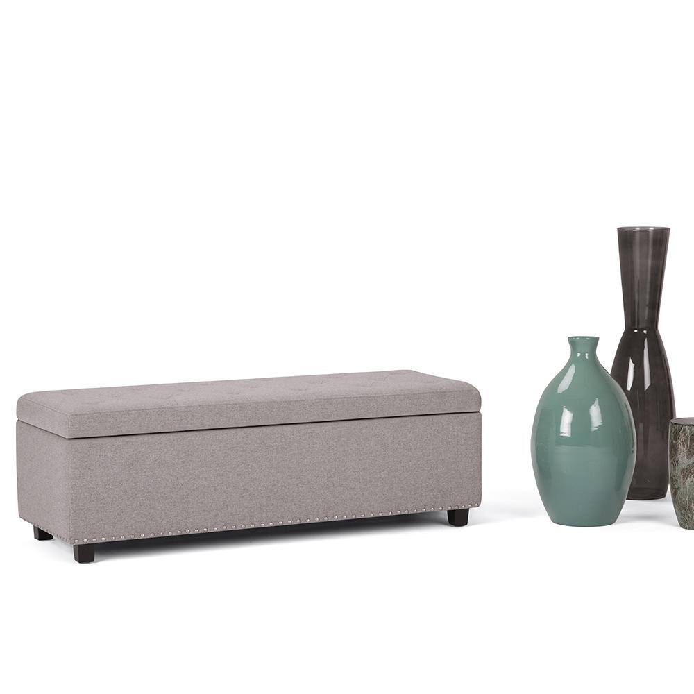Cloud Gray Tufted Wood Footstool with Nail Trim - Traditional Style