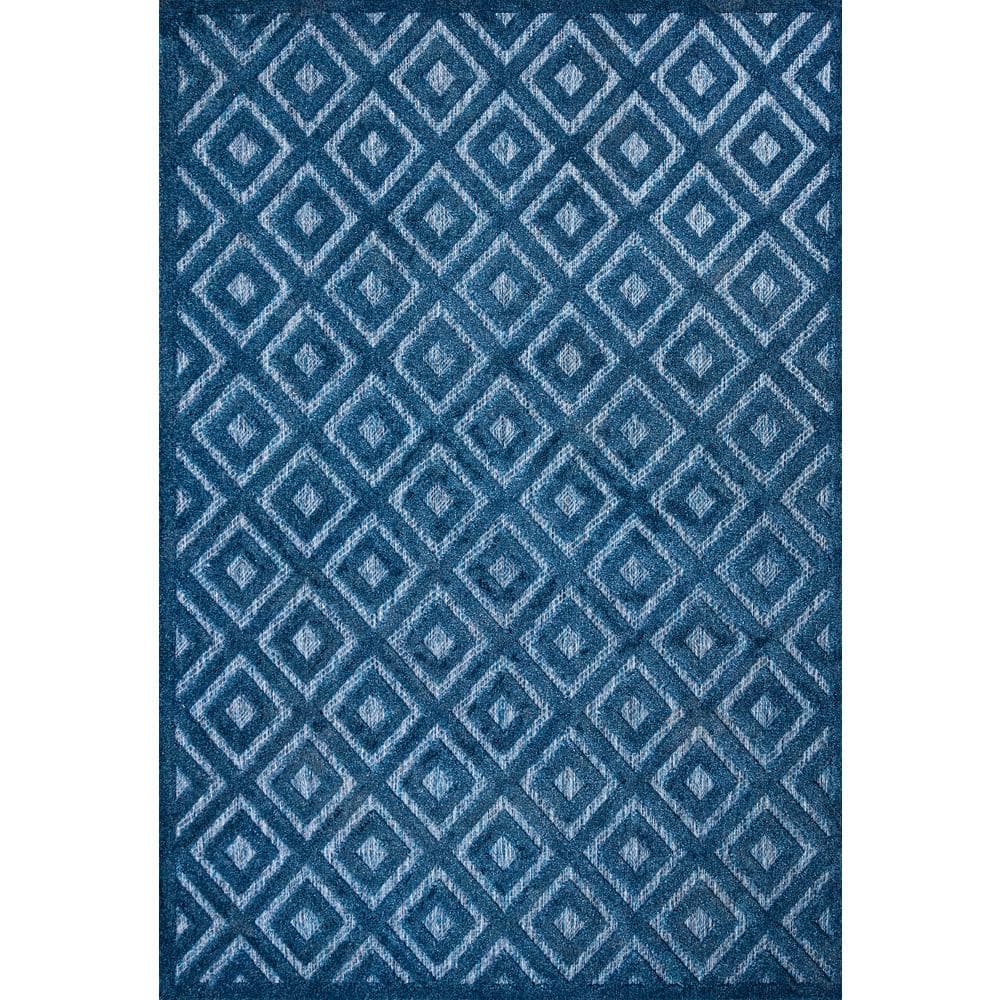 Navy Geometric Synthetic Rectangular Indoor/Outdoor Area Rug