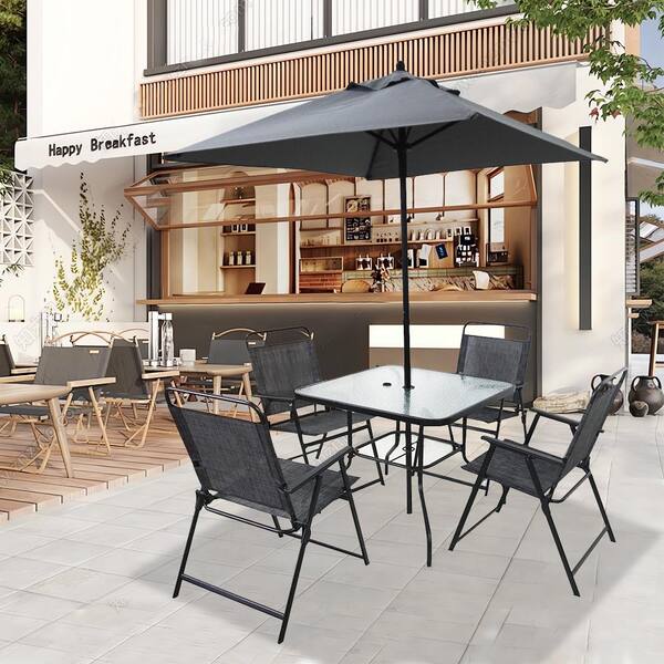 6pc metal square patio dining set with umbrella brown threshold 6-Piece Gray Metal Steel Square Outdoor Dining Set with Umbrella and 4- Chairs OUT-D-450