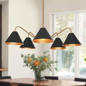 Wadulatiflia Modern Mid-Century 5-Lights Black and Plating Brass Sputnik Chandeliers with Cone Shade for Dining Room