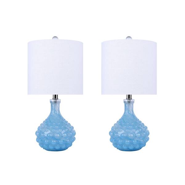 GRANDVIEW GALLERY 21 in. Milky Blue Glass Table Lamp with Dimpled Vase Design and Off-White Linen Shade (2-Pack)