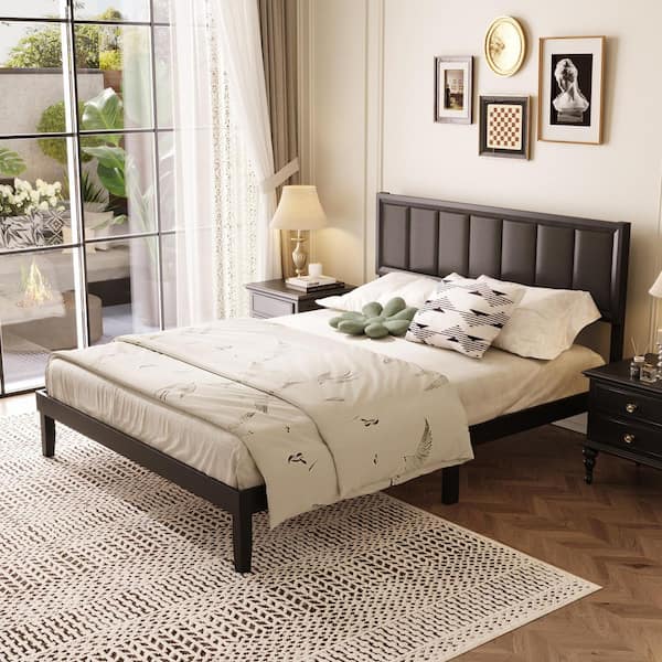 Black Wood Frame Queen Platform Bed with Upholstered Headboard and Center Support Legs