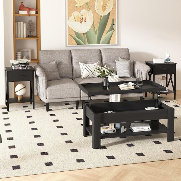 3-Piece Coffee Table Set 38.6 in. Black Rectangle MDF Coffee Table with Lift-Top Table and 2 Matching Nightstands