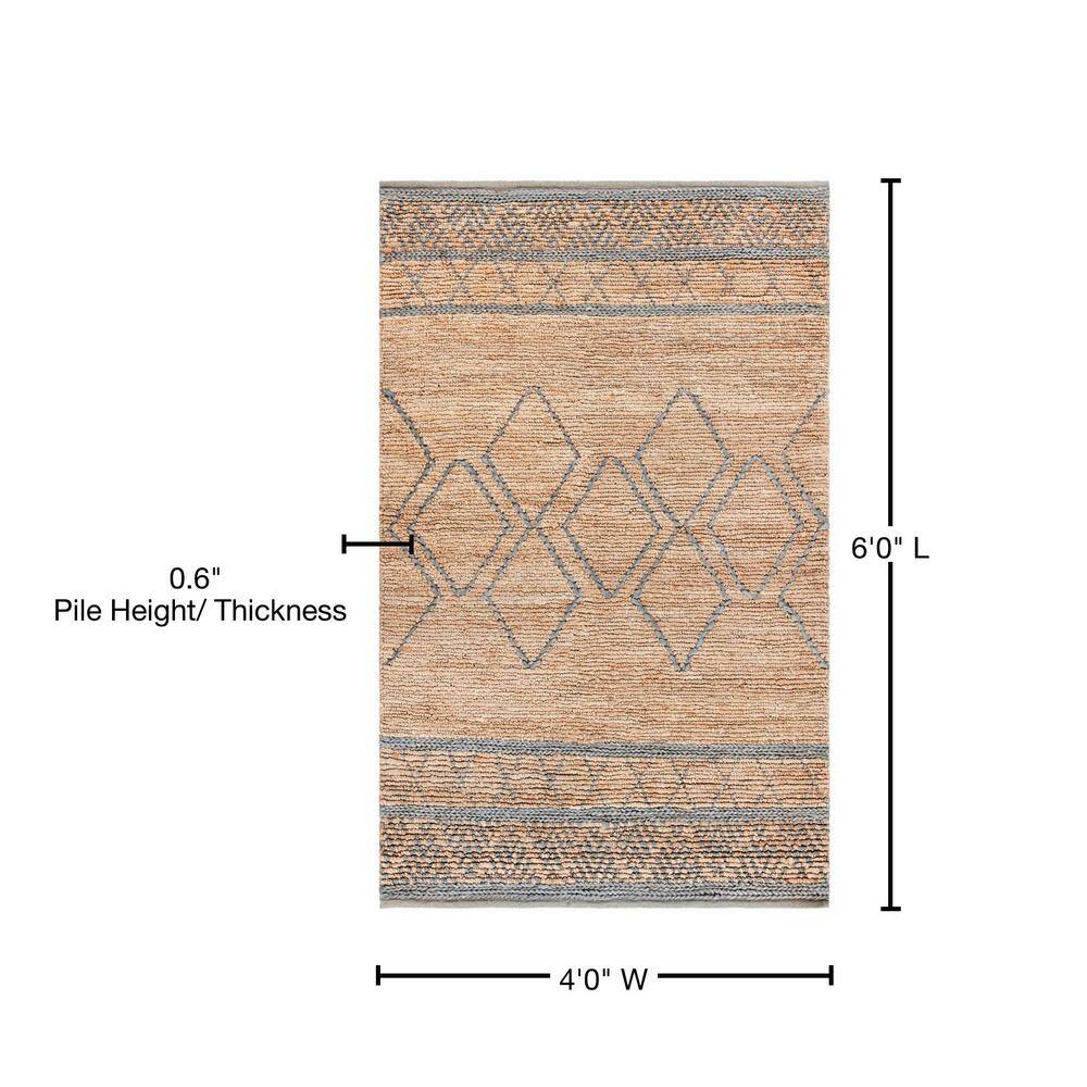 Gray and Beige Hand-Knotted Geometric Jute Rug 4' x 6'
