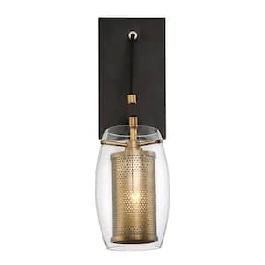 Dunbar 4.75 in. W x 16 in. H 1-Light Warm Brass with Bronze Accents Wall Sconce with Outer Glass and Inner Mesh Shade