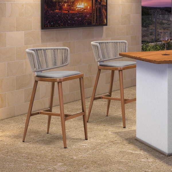 PURPLE LEAF Modern Aluminum Outdoor Bar Stool Magnalium Button Rope Kelley Patio Bar Stool with Backrest and Cushion (Set of 2)