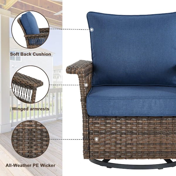 Brown 6-Piece Wicker Outdoor Patio Rectangular Fire Pit Conversation Set with Navy Blue Cushions and Swivel Rockers