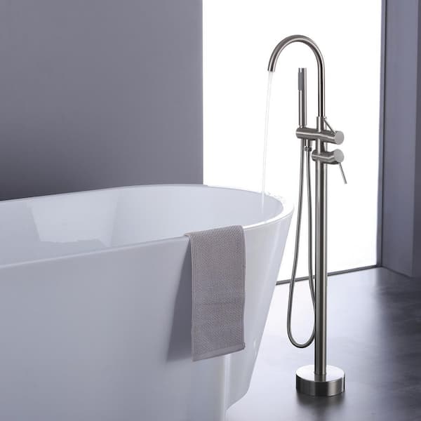2-Handle Residential Freestanding Bathtub Faucet with Hand Shower in Brushed Nickel