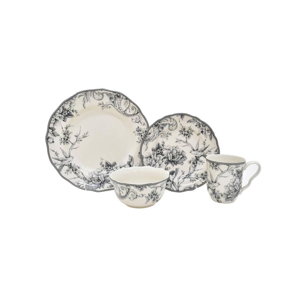 Gray and White Floral Square Porcelain Dinnerware Set, Service for 4