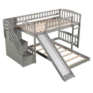 Gray Twin Over Twin Stairway Bunk Bed, Wooden Storage Bunk Bed with Convertible Ladder and Slide, Full Length Guardrail