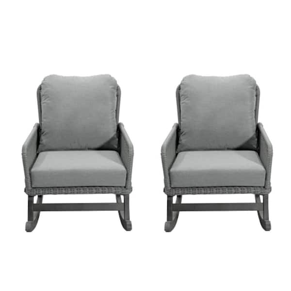 2-Piece Gray Wicker Rattan Outdoor Rocking Chair with Gray Cushion and Wood Frame for Balcony or Backyard
