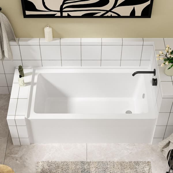 60 in. x 32 in. Acrylic Freestanding Alcove/Apron Front Soaking Bathtub with Right Drain in White