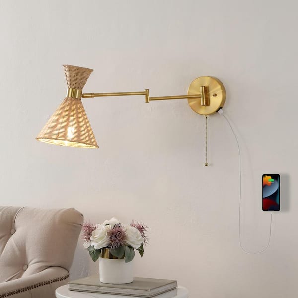 Lily 25 in. 1-Light Light Brown/Brass Gold Wall Sconce Retro Rattan/Metal USB Charging Swing Arm LED with Pull Chain
