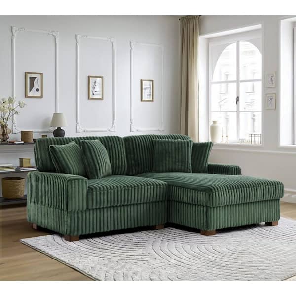 82 in. W Square Arm 2-Piece Faux Rabbit Fur Polyester L-Shaped Modern Sectional Sofa in Green with 4-Pillows
