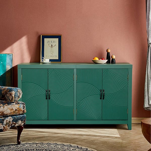 Green 59 in. Mid Century Modern Accent Cabinet-Vintage 4-Door Wood Buffet Cabinet for Pantry,Living Room and Dining Room