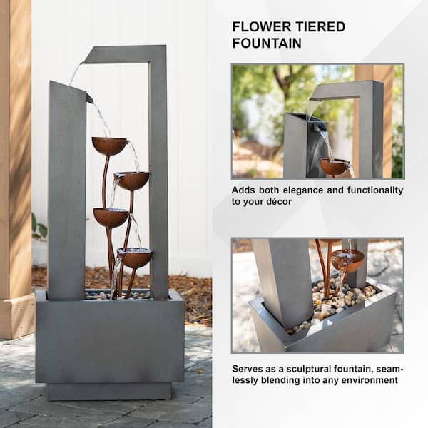 Metal Sculptural Cascade Multi-Tiered Flower Water Fountain, Gray and Bronze, 38 in. Tall