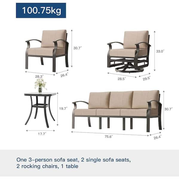 7-Piece Aluminum Patio Conversation Set with Armrest, Propane Fire Pit Table, Swivel Rocking Chairs and Cushion Sand