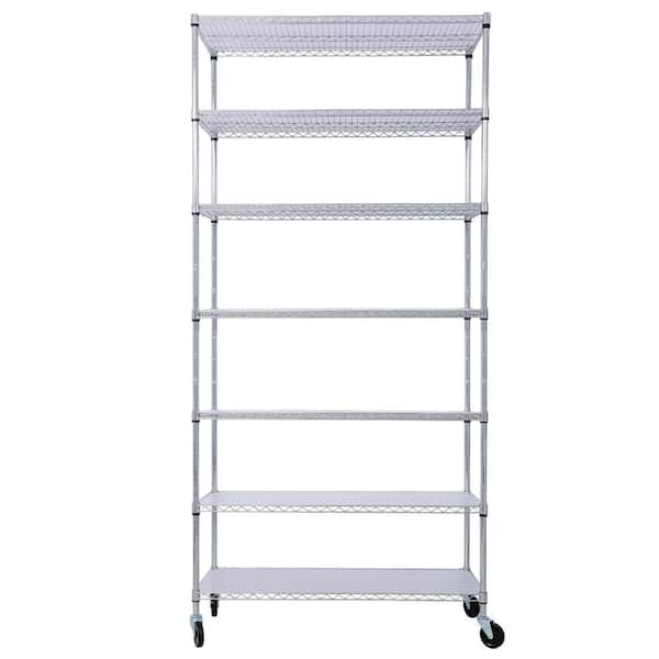 7-Tier Metal Shelf, 2450 lbs. Heavy Duty Adjustable Storage Rack with Wheels and Shelf Liners for Kitchen, Garage-Chrome