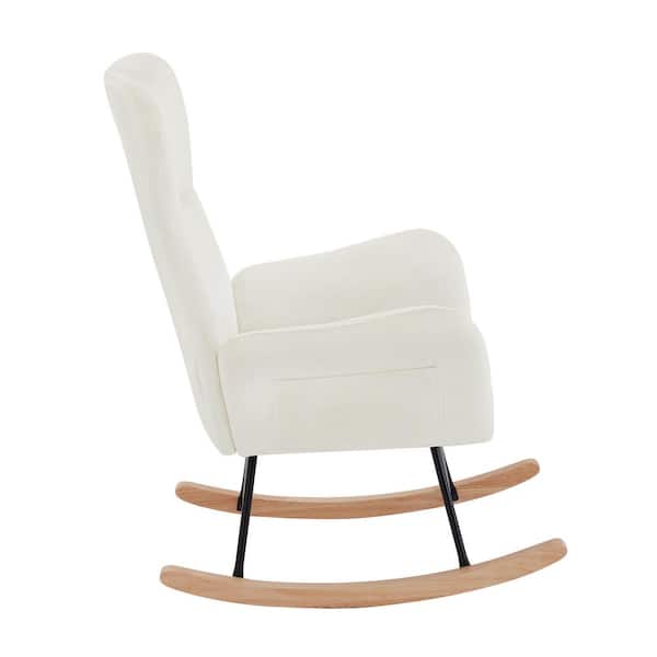 Tatahance Ergonomic Off White Velvet Rocking Chair with 2 Handy Pockets