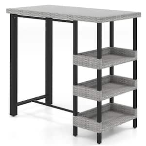 43.5 in. Wicker Outdoor Bar Table with Tempered Glass Top and 3-Tier Shelves in Gray