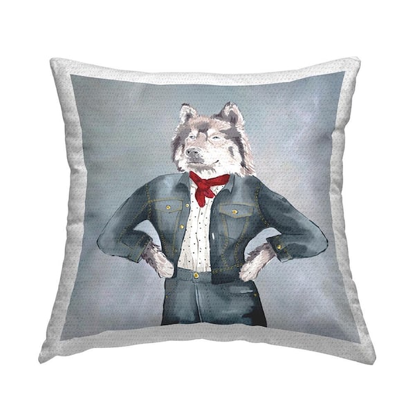 Stupell Industries Trendy Wolf Denim Fashion Outfit Grey Square Outdoor Throw Pillow