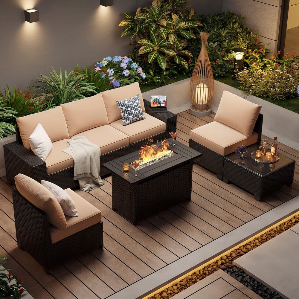 Sizzim 6-Piece Black 5-Seat Wicker Rattan Outdoor Patio