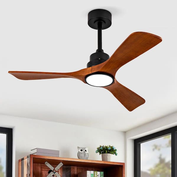 42 in. Smart Black Solid Wood Brown Blades 2-Size Downrod Mount Standard Ceiling Fan with 3-Color Dimmable LED Light