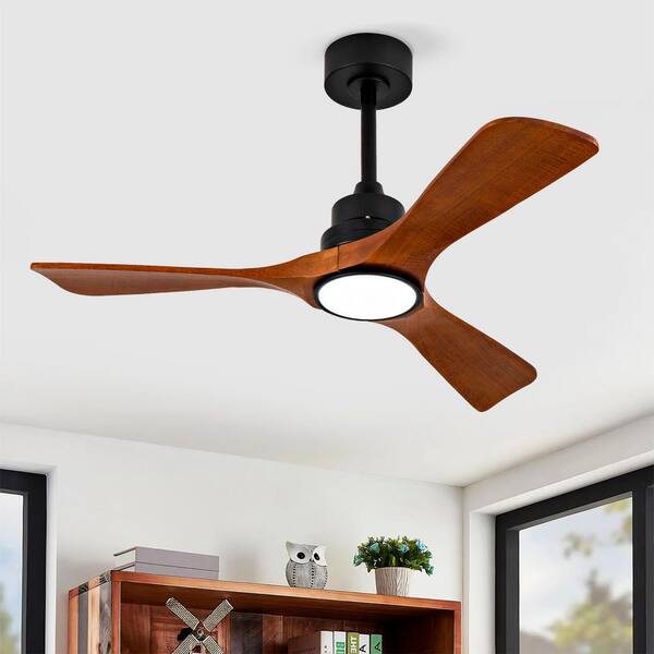 60 in. Smart Black Solid Wood Brown Blades 2-Size Downrod Mount Standard Ceiling Fan with 3-Color Dimmable LED Light