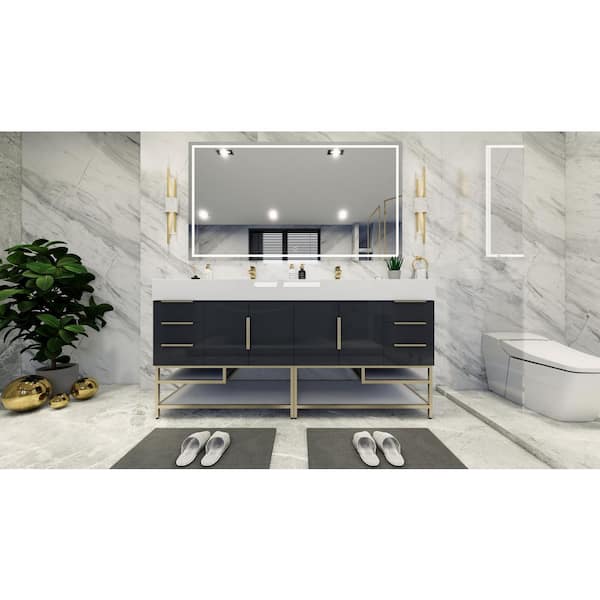 BV Better Vanity Bethany 84 in. W. x 20 in. D x 36 in. H Double Sink Freestanding Bath Vanity in Gloss Gray with White Acrylic Top