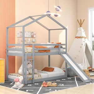 Gray Twin Over Twin Bunk Bed with Roof, Slide and Ladder