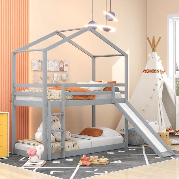 Polibi Gray Twin Over Twin Bunk Bed with Roof, Slide and Ladder