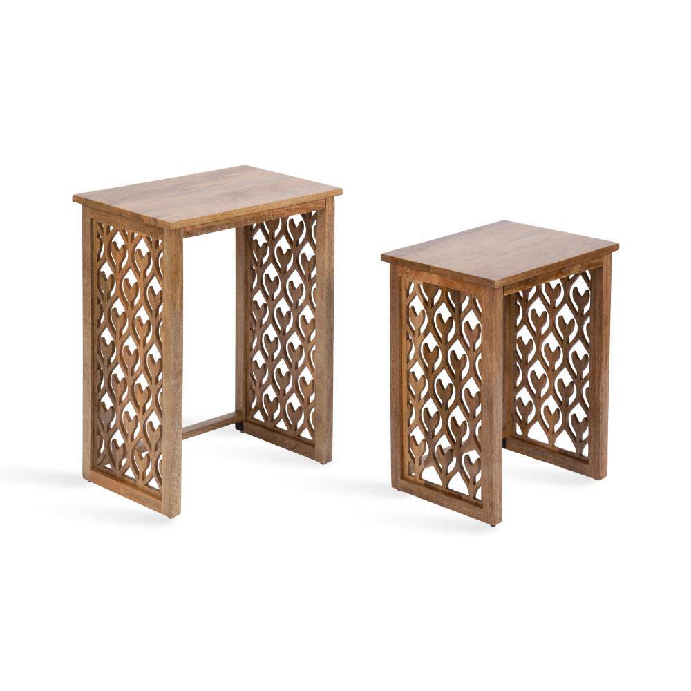 Natural Mango Wood Hand-Carved Nesting Tables, Set of 2