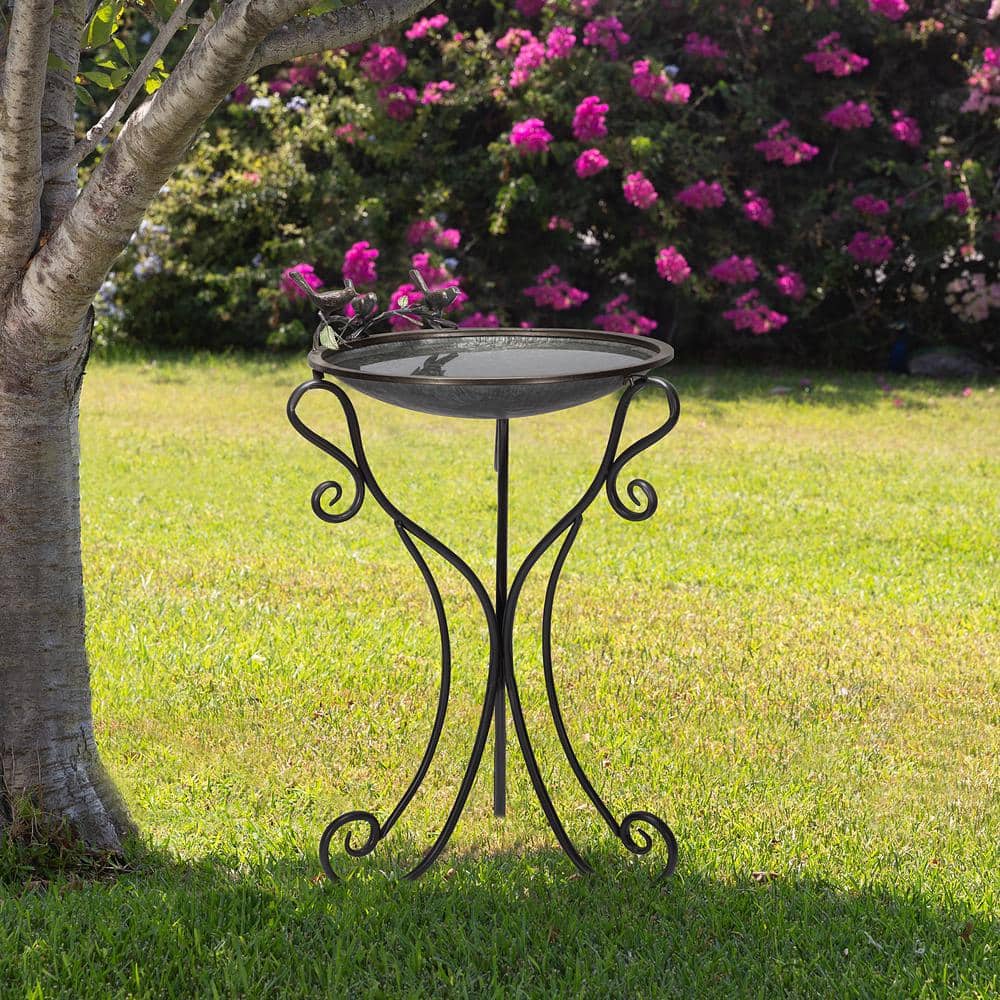 Silver Metal Birdbath with Stand and Bird Figurines